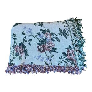 Vintage Floral Blanket Woven Fringe Made In USA 68”x44”